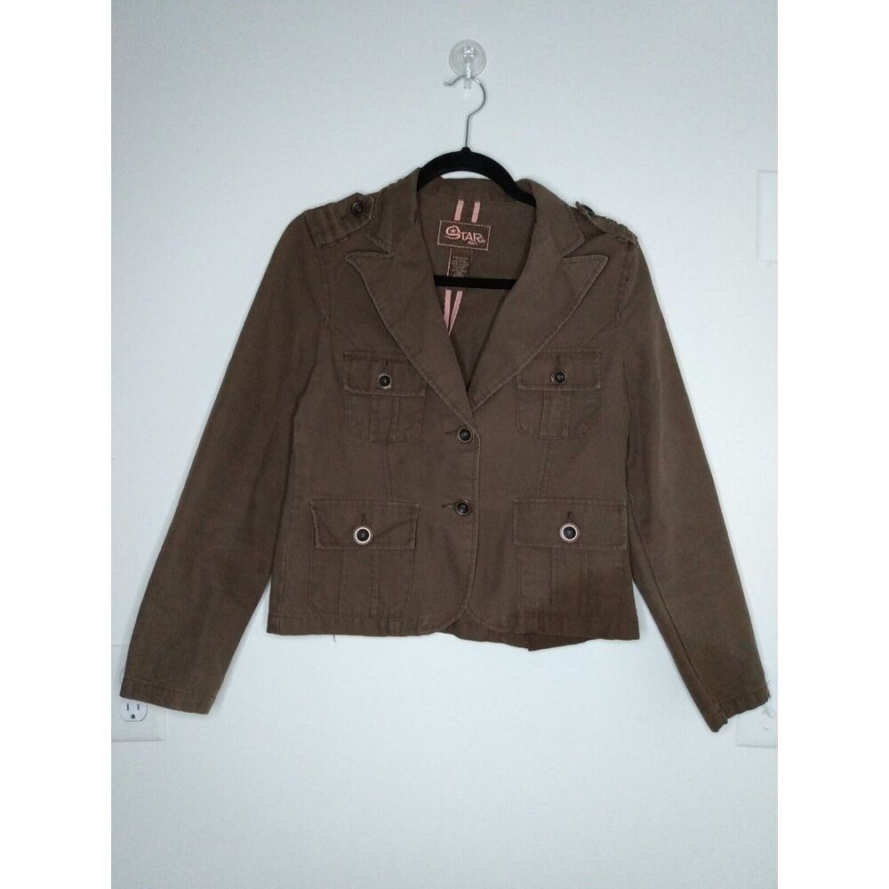 Star Jeans Women Sz M Brown Jacket Blazer 100% Cotton Metal Button Front Pockets